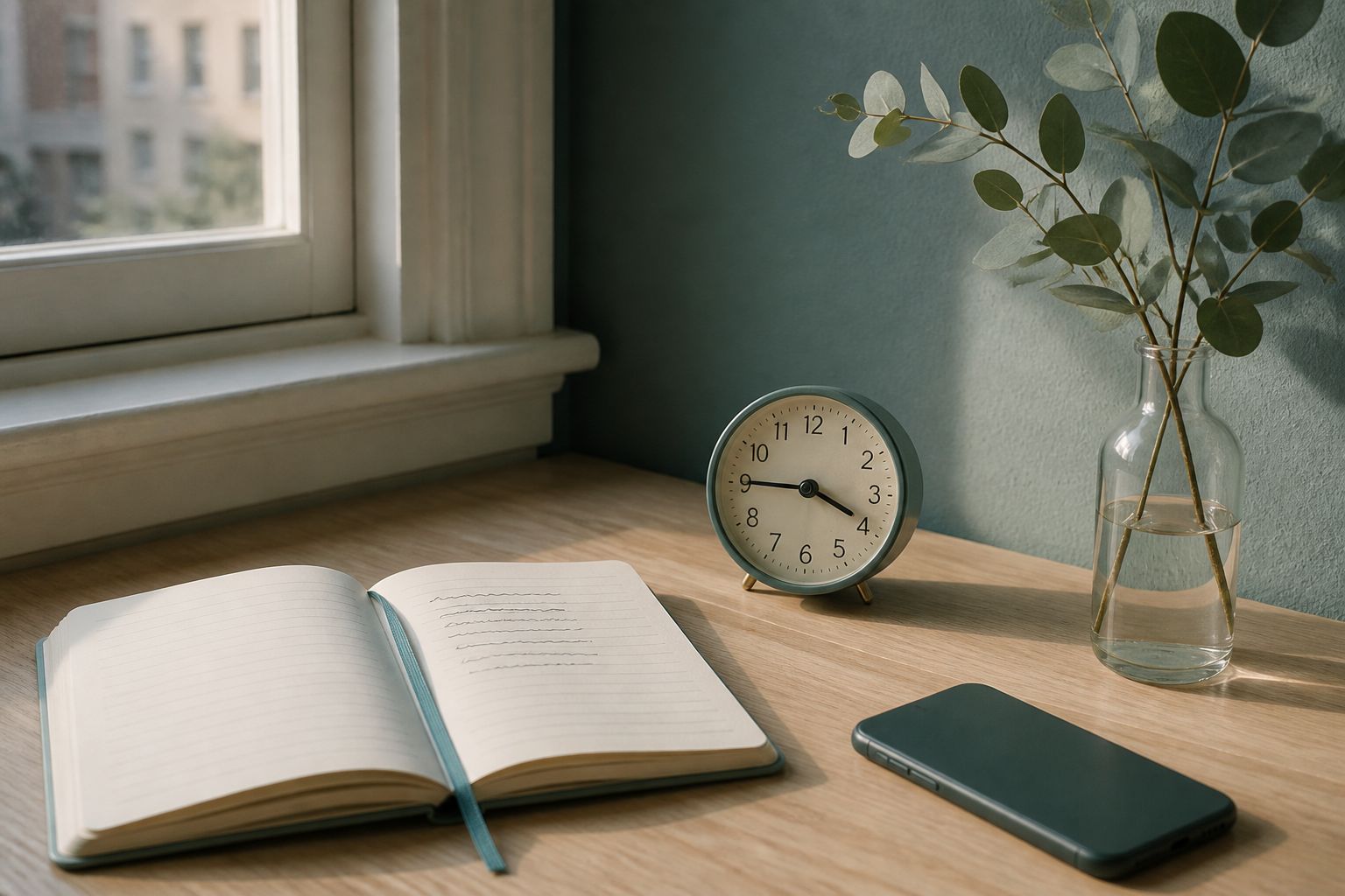 A quiet desk with a clock and notebook in afternoon light